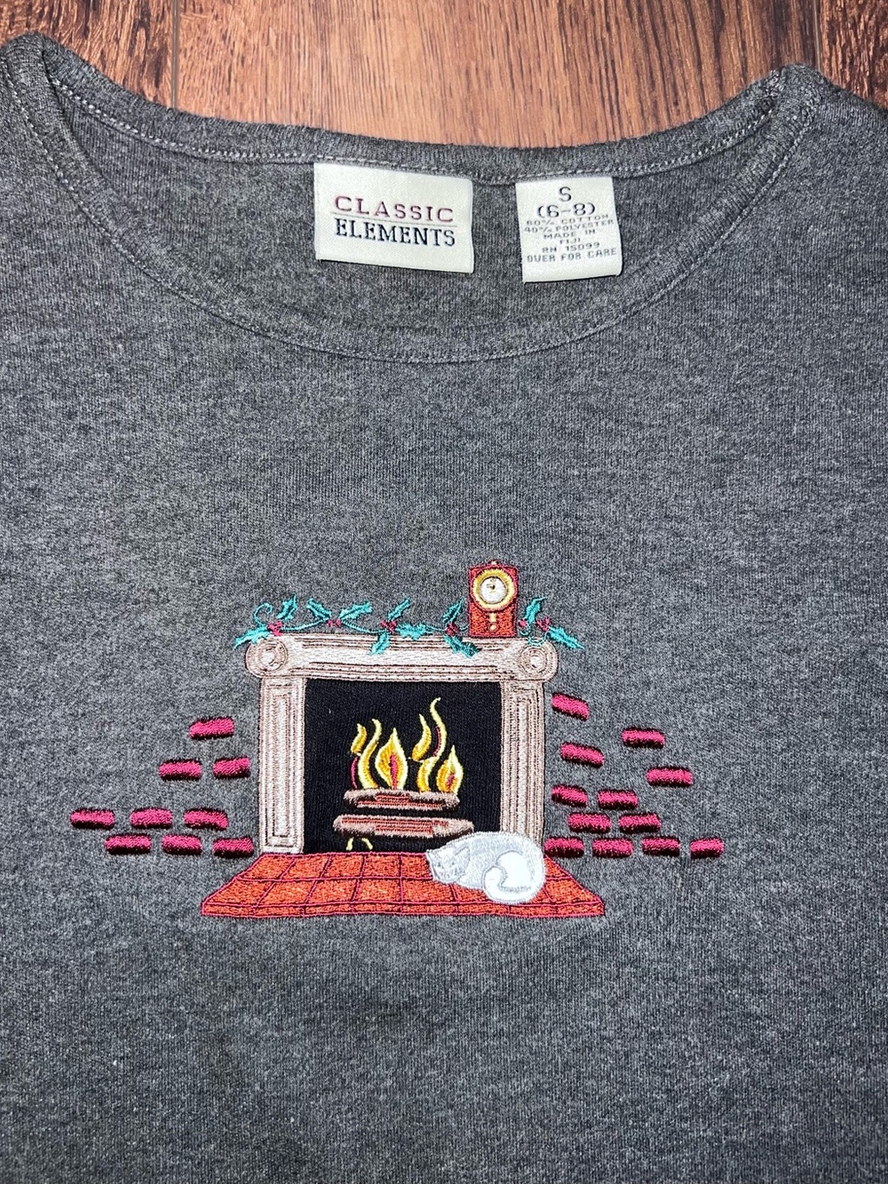 Classic Elements Gray Long Sleeve Tee with Embroidered Fireplace and Cat